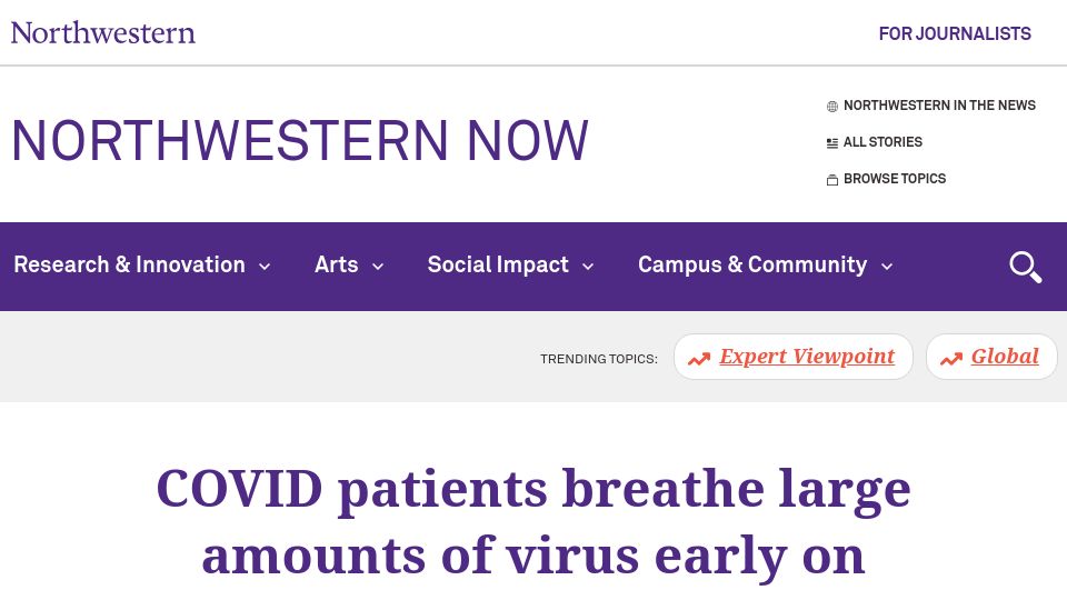Screenshot of news.northwestern.edu: Covid patients breathe out large amounts of virus early on