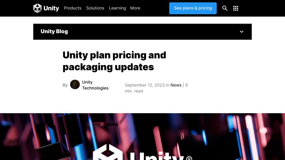 Screenshot of blog.unity.com: Unity plan pricing and packaging updates