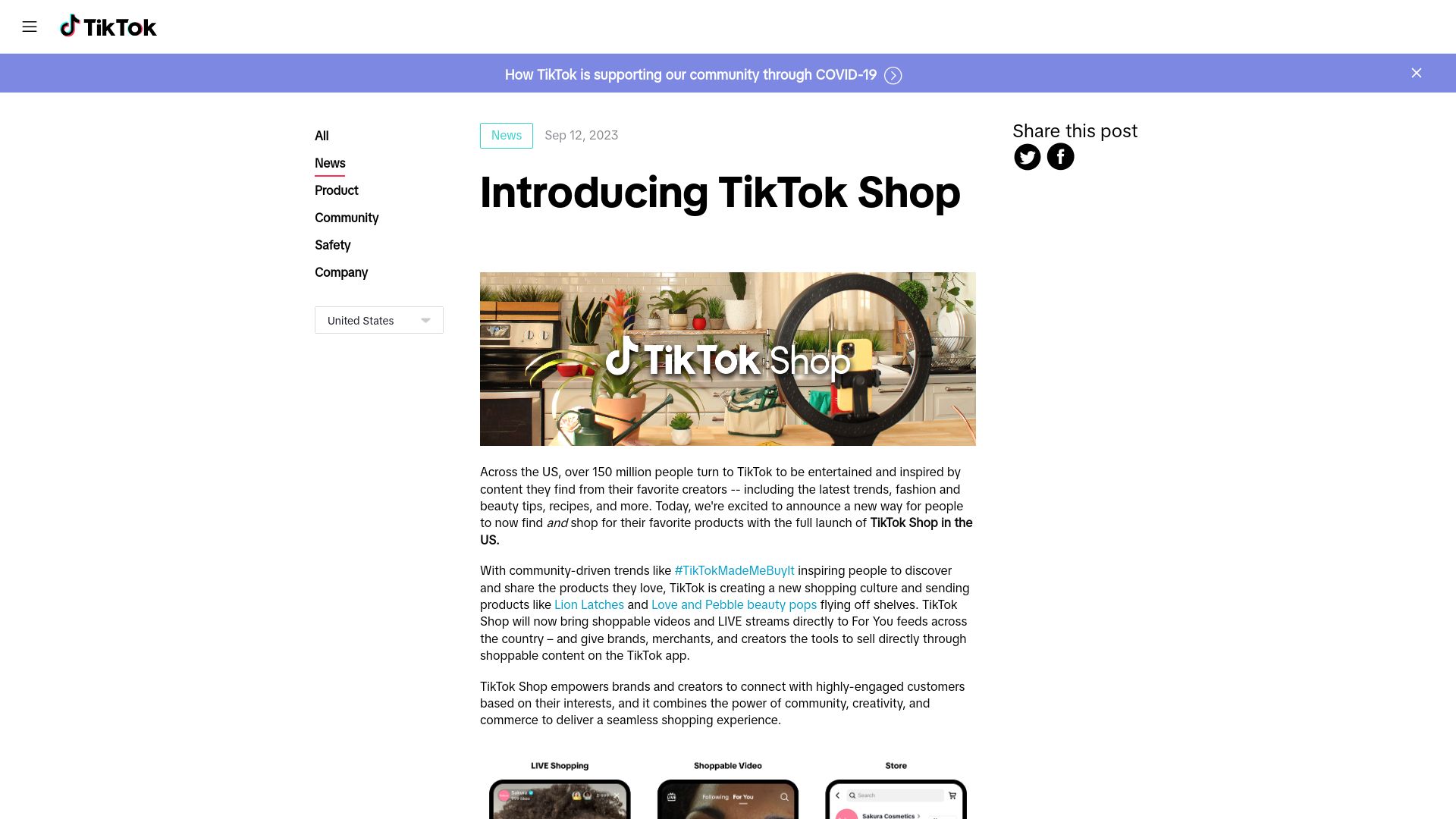 Screenshot of newsroom.tiktok.com: TikTok Shop