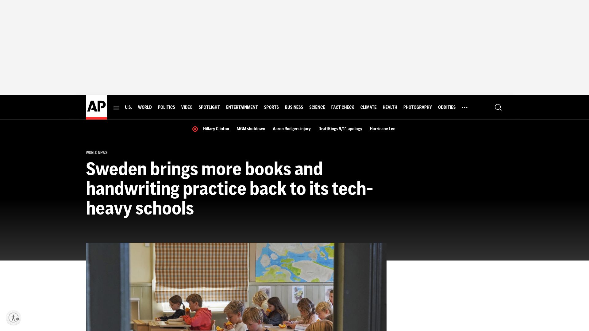 Screenshot of apnews.com: Sweden brings more books and handwriting practice back to its tech-heavy schools