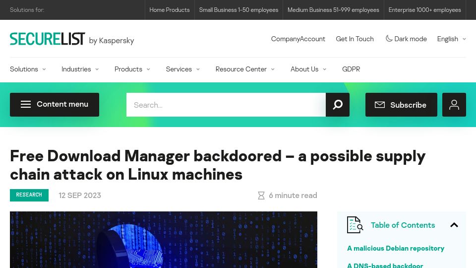 Screenshot of securelist.com: Free Download Manager backdoored – a possible supply chain attack on Linux