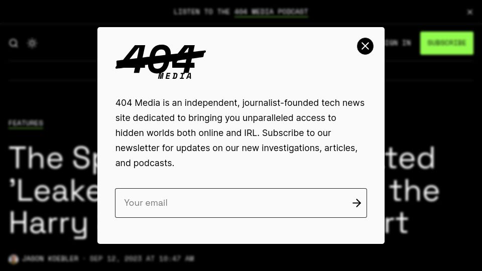 Screenshot of 404media.co: Fandom can't decide if leaked songs are real or AI-generated