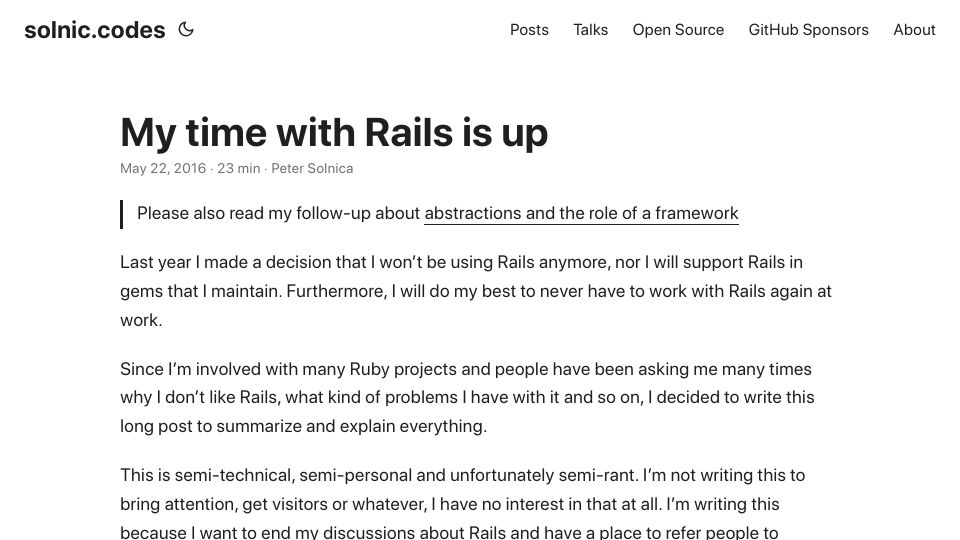 Screenshot of solnic.codes: My time with Rails is up (2016)