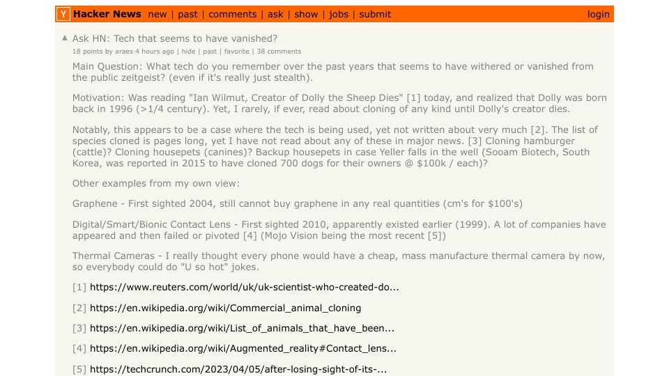 Screenshot of Hacker News post: Ask HN: Tech that seems to have vanished?