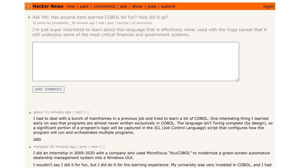 Screenshot of Hacker News post: Ask HN: Has anyone here learned COBOL for fun? How did it go?