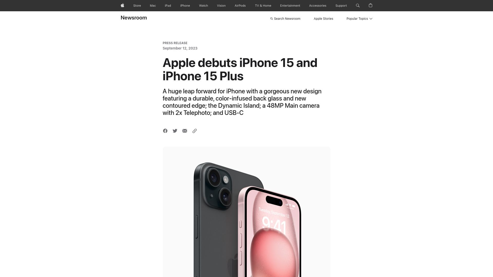 Screenshot of apple.com: iPhone 15 and iPhone 15 Plus