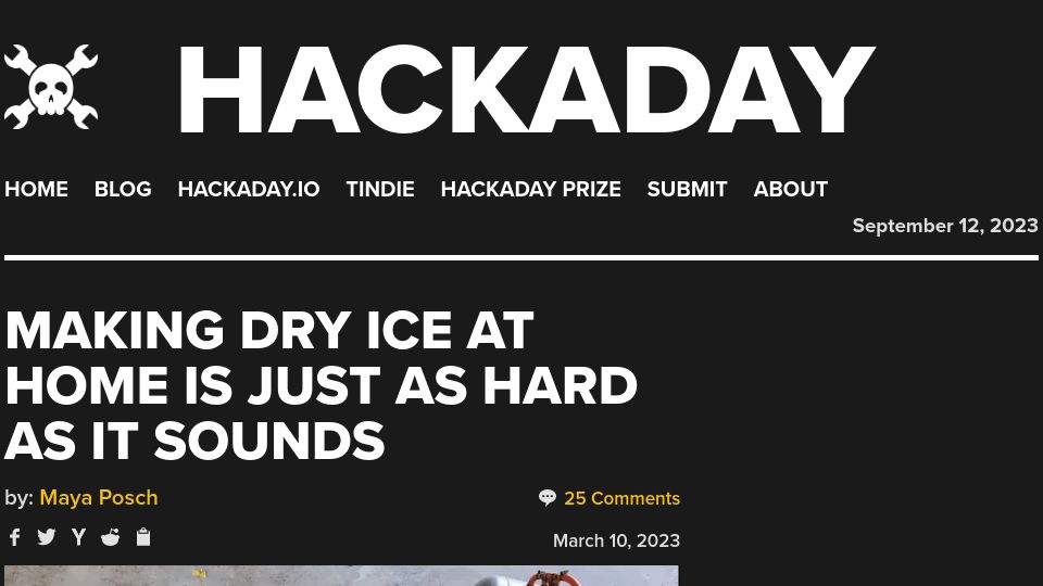 Screenshot of hackaday.com: Making Dry Ice at home is just as hard as it sounds