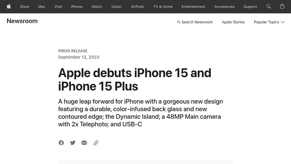 Screenshot of apple.com: iPhone 15 and iPhone 15 Plus