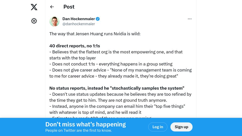 Screenshot of twitter.com: The way that Jensen Huang runs Nvidia: 40 direct reports, no 1:1s