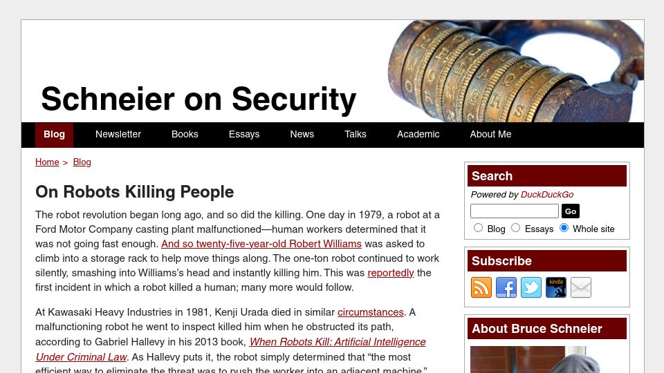 Screenshot of schneier.com: On Robots Killing People