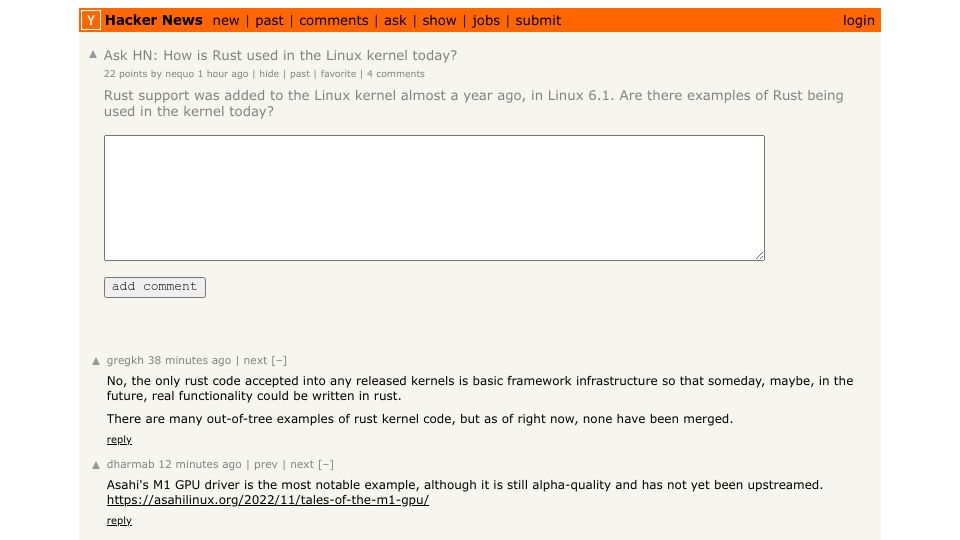Screenshot of Hacker News post: Ask HN: How is Rust used in the Linux kernel today?