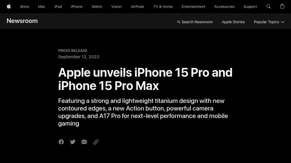 Screenshot of apple.com: Apple iPhone 15 Pro and iPhone 15 Pro Max