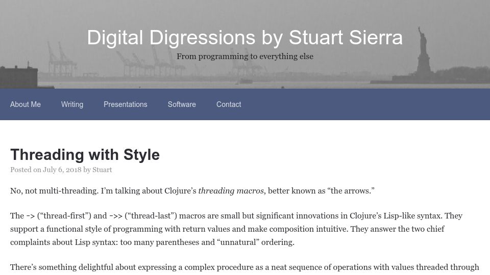 Screenshot of stuartsierra.com: Threading with Style (2018)