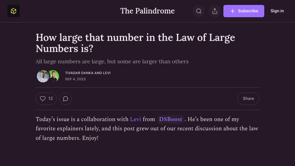 Screenshot of thepalindrome.org: How large is that number in the Law of Large Numbers?