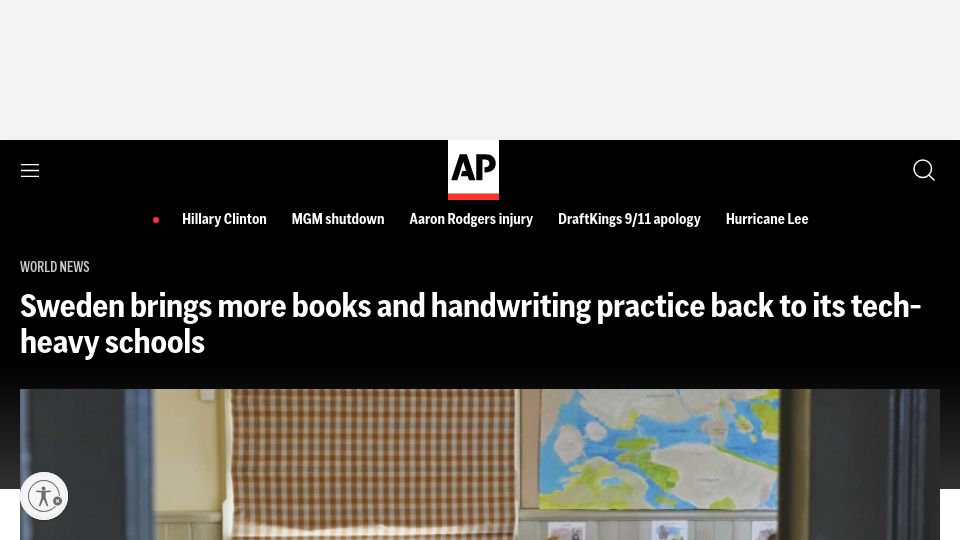 Screenshot of apnews.com: Sweden brings more books and handwriting practice back to its tech-heavy schools