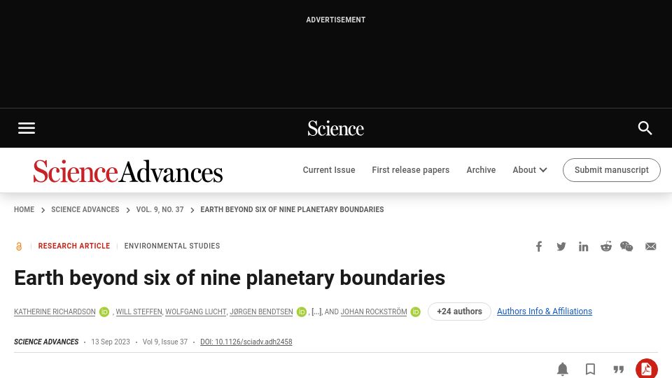 Screenshot of science.org: Earth beyond six of nine planetary boundaries