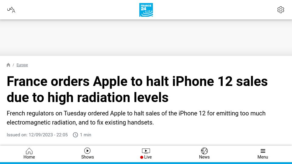 Screenshot of france24.com: French regulators order Apple to halt sales of the iPhone 12
