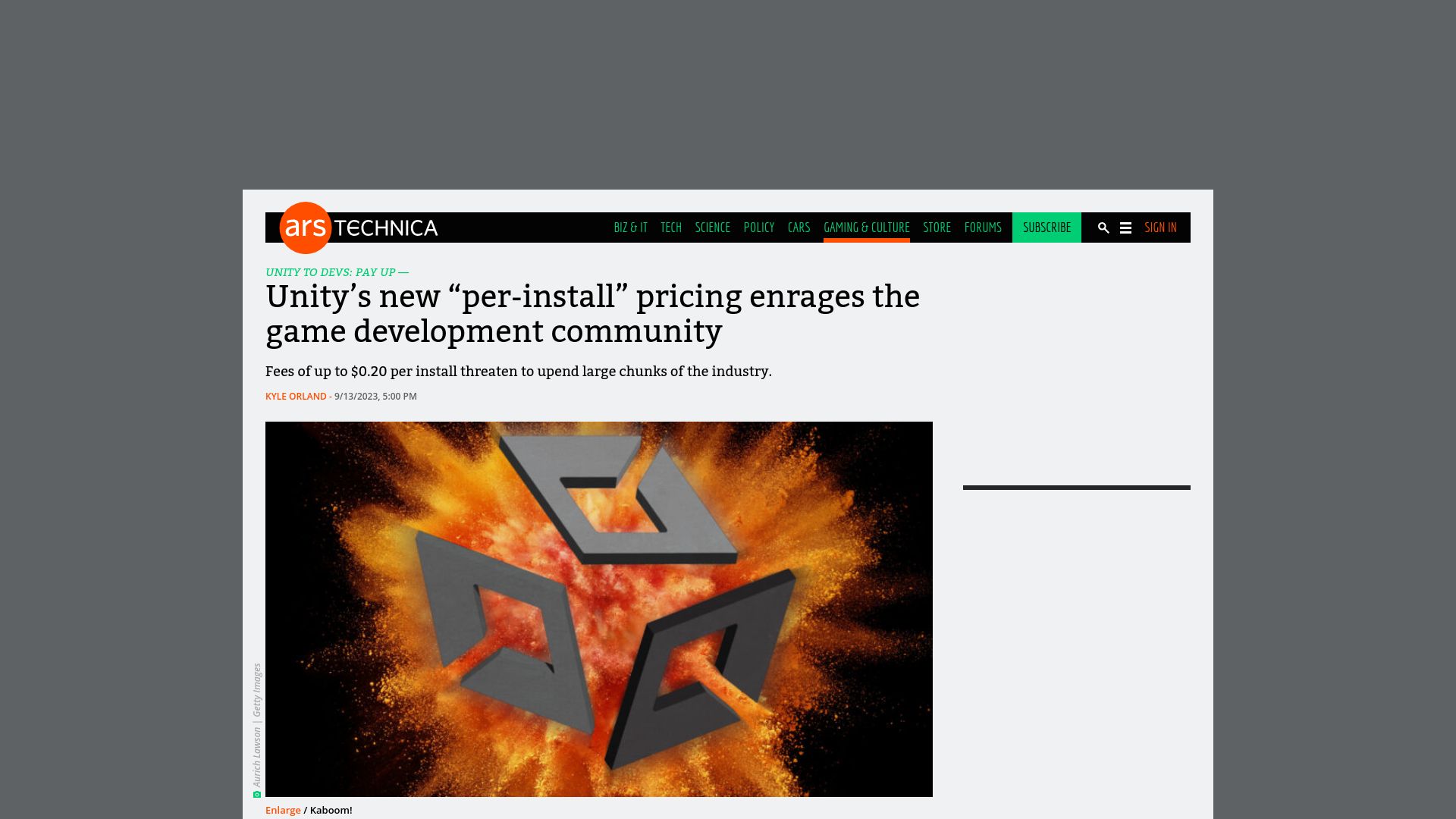 Screenshot of arstechnica.com: Unity’s new “per-install” pricing enrages the game development community