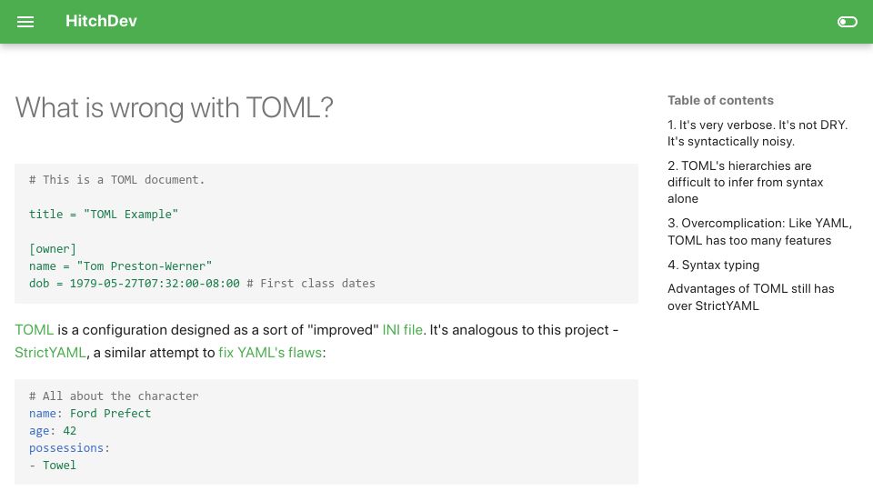 Screenshot of hitchdev.com: What is wrong with TOML? (2019)