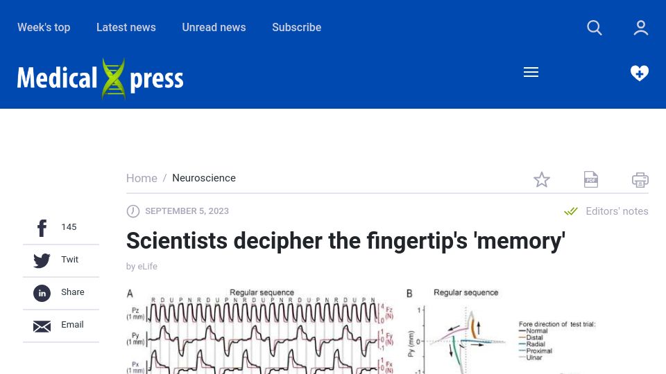 Screenshot of medicalxpress.com: Scientists decipher the fingertip's 'memory'