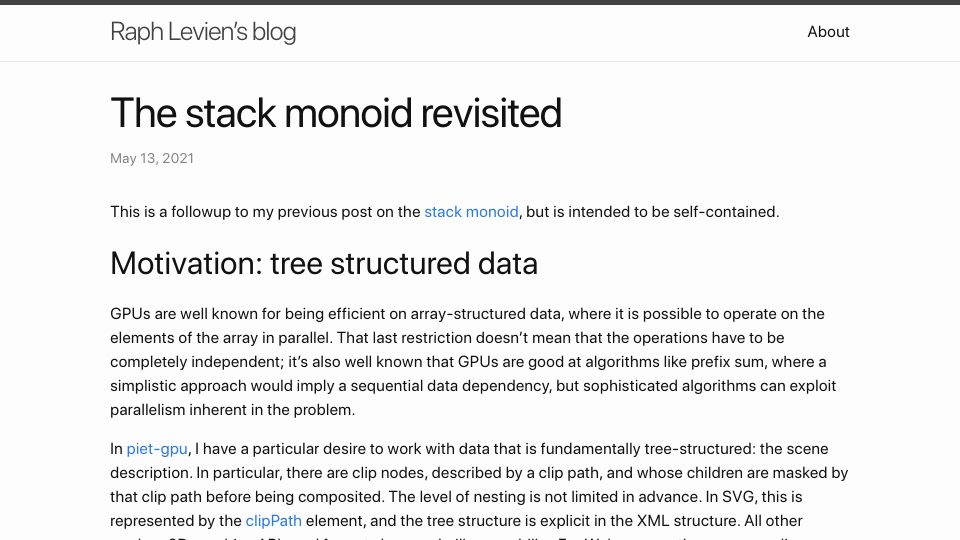 Screenshot of raphlinus.github.io: The stack monoid revisited