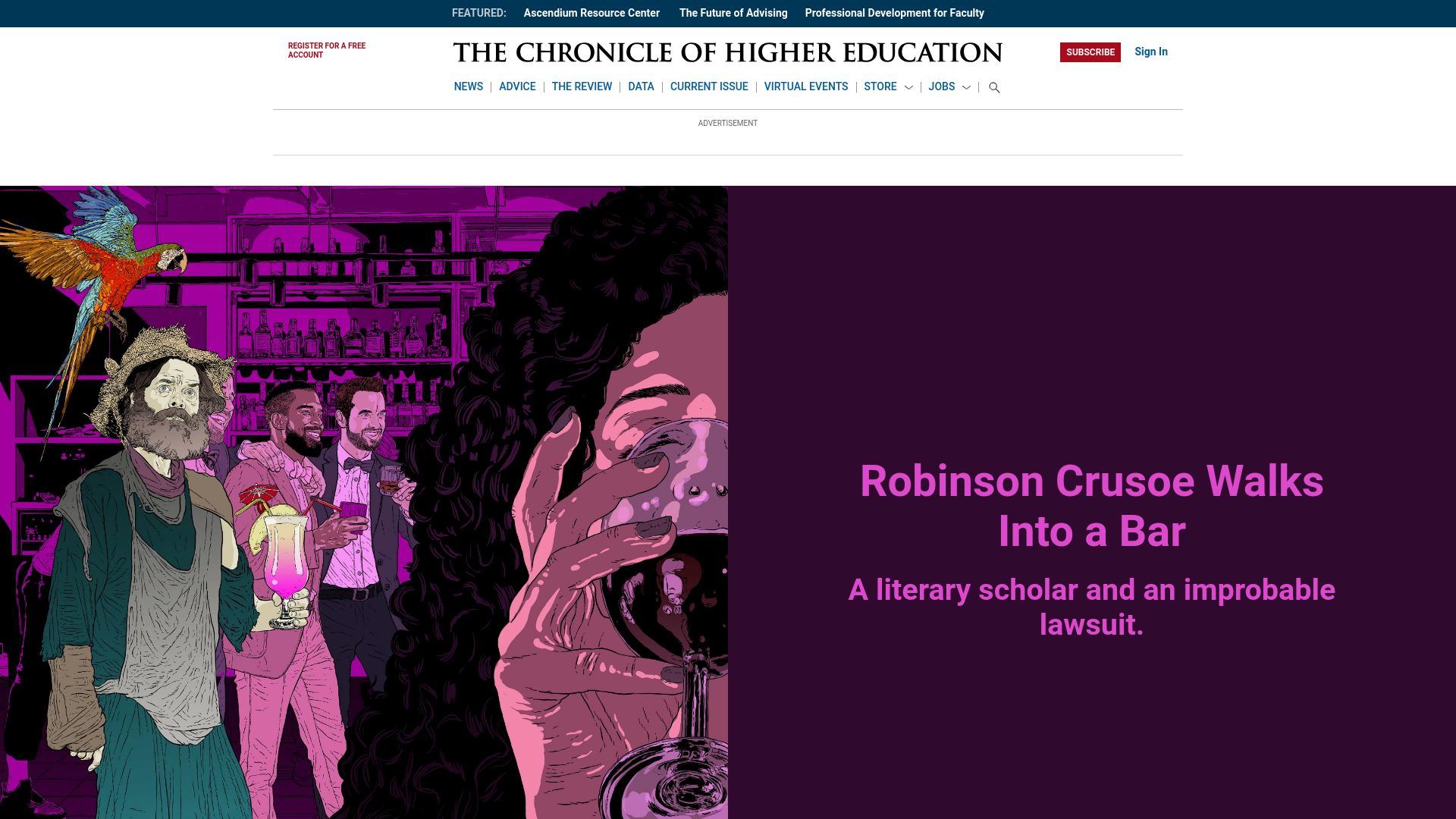Screenshot of chronicle.com: Robinson Crusoe Walks Into a Bar: A literary scholar and an improbable lawsuit