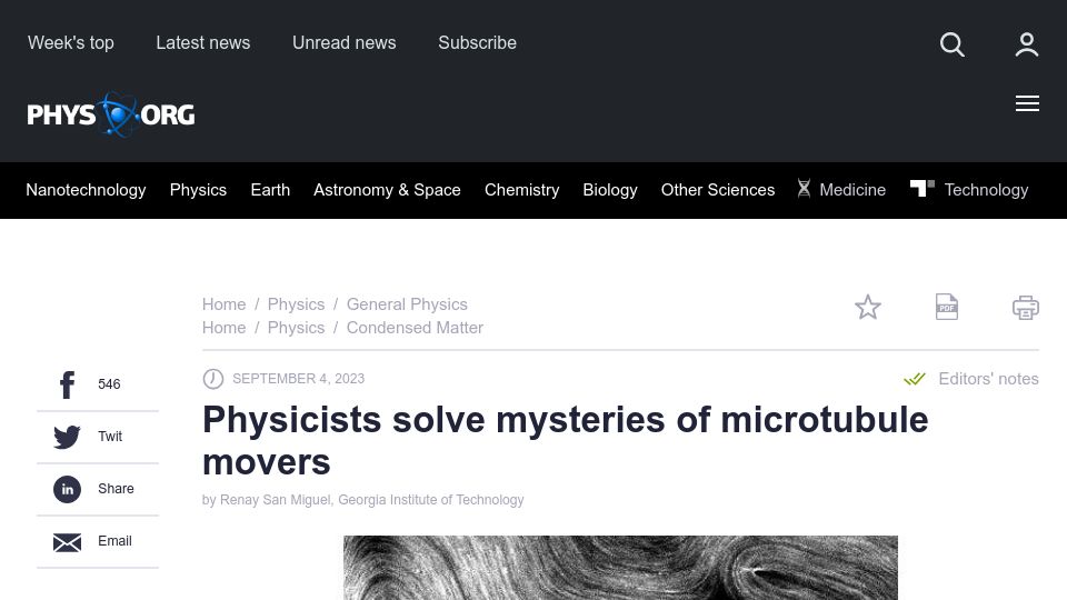 Screenshot of phys.org: Physicists solve mysteries of microtubule movers