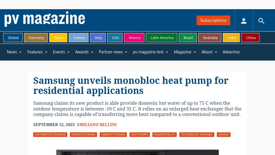 Screenshot of pv-magazine.com: Samsung unveils monobloc heat pump for residential applications