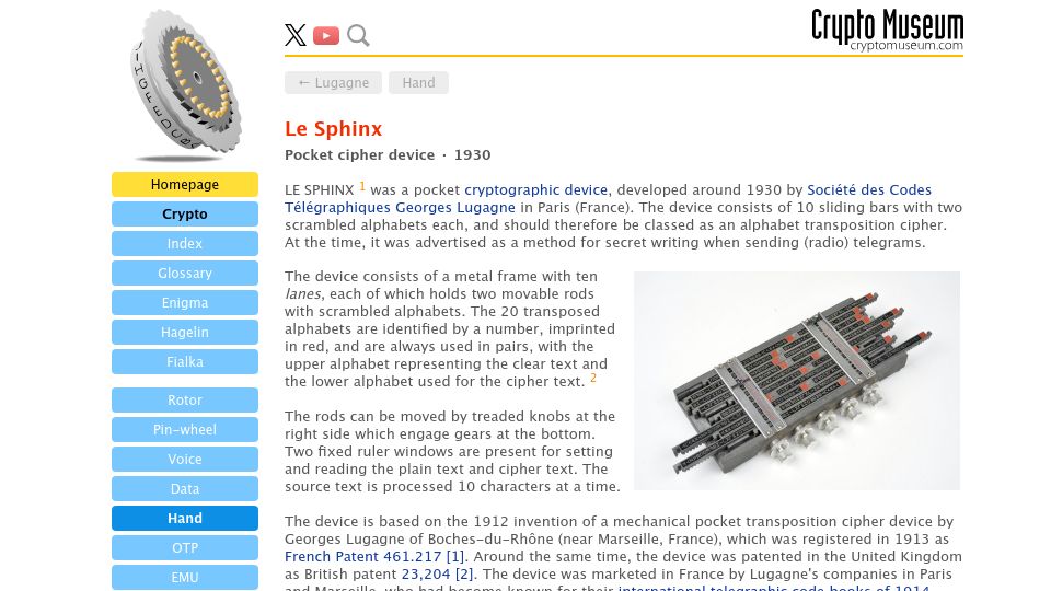 Screenshot of cryptomuseum.com: Le Sphinx – Pocket cipher device (1930)