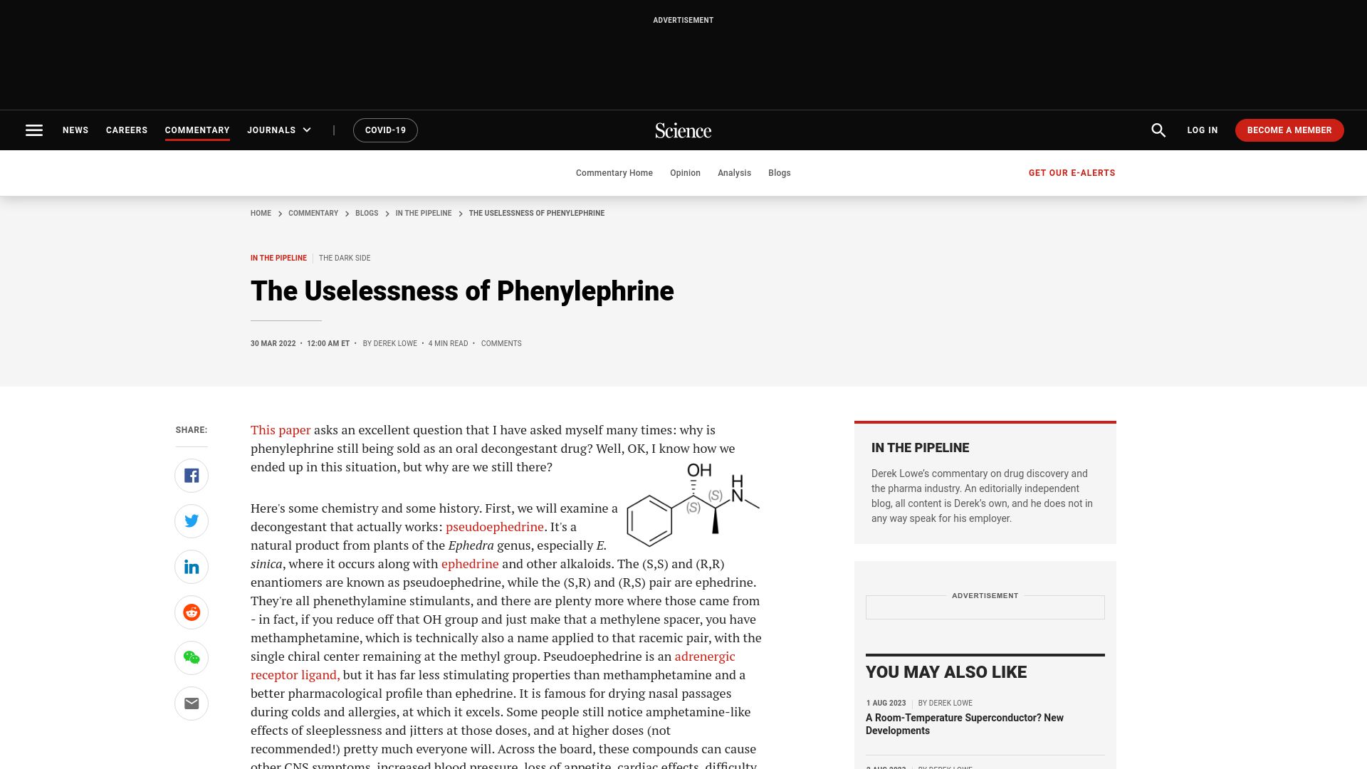 Screenshot of science.org: The Uselessness of Phenylephrine (2022)