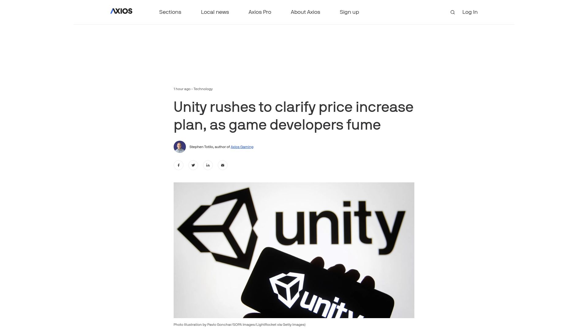 Screenshot of axios.com: Unity rushes to clarify price increase plan, as game developers fume