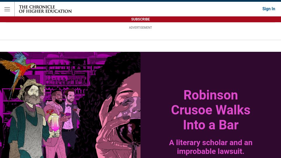 Screenshot of chronicle.com: Robinson Crusoe Walks Into a Bar: A literary scholar and an improbable lawsuit