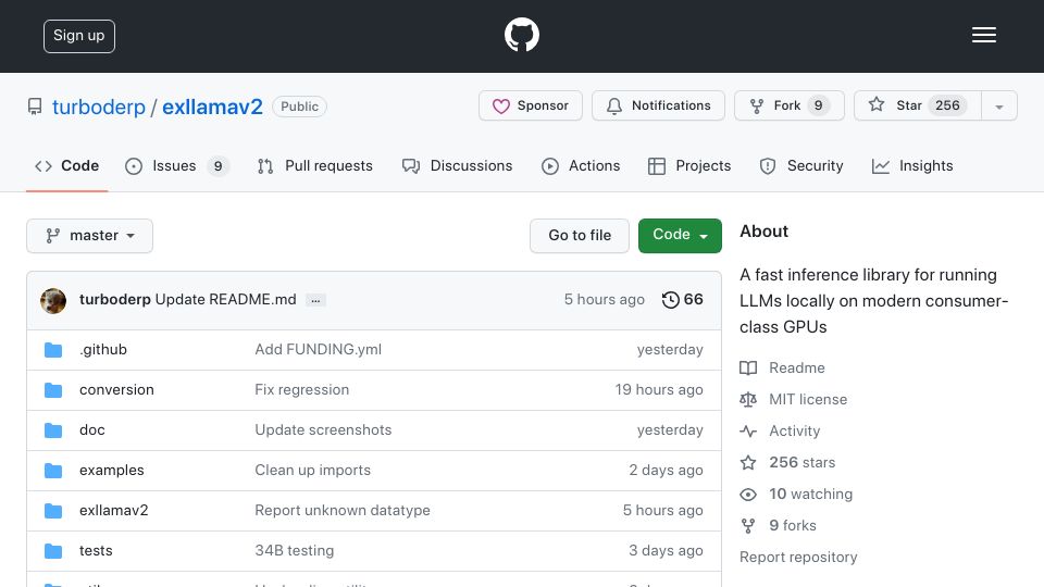 Screenshot of github.com: 70B Llama 2 at 35tokens/second on 4090