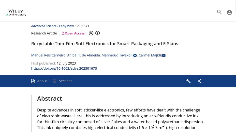 Screenshot of onlinelibrary.wiley.com: Recyclable thin-film soft electronics for smart packaging and e-skins