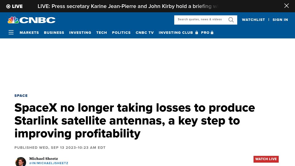 Screenshot of cnbc.com: SpaceX no longer taking losses to produce Starlink satellite antennas