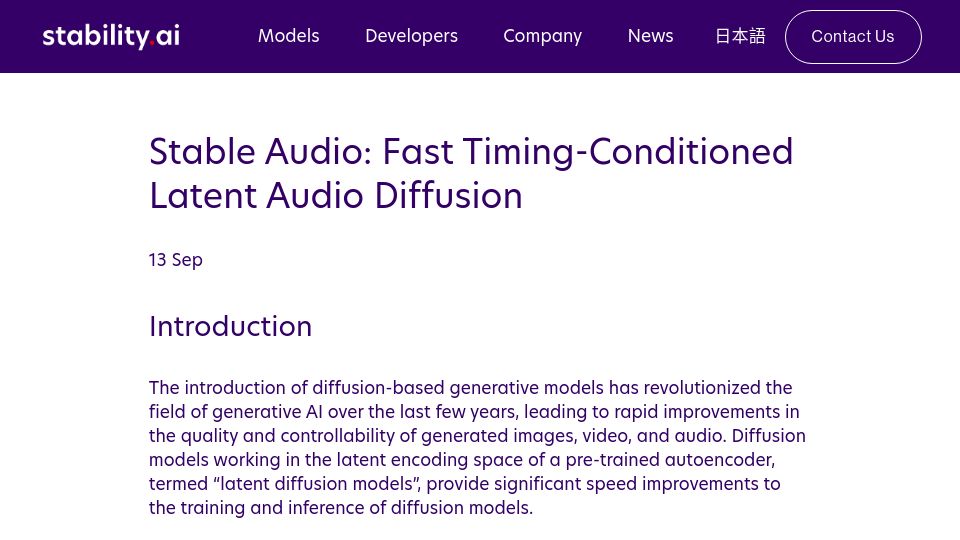 Screenshot of stability.ai: Stable Audio: Fast Timing-Conditioned Latent Audio Diffusion