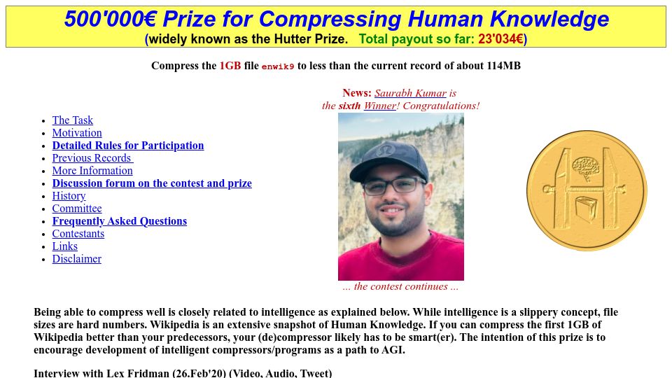 Screenshot of prize.hutter1.net: Hutter Prize for compressing human knowledge