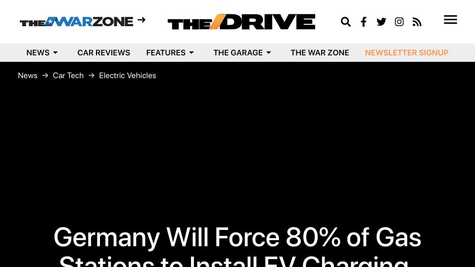 Screenshot of thedrive.com: Germany Will Force 80% of Gas Stations to Install EV Chargers