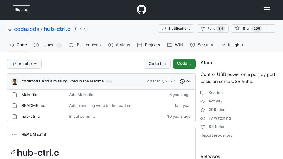 Screenshot of github.com: Control USB power on a port by port basis on some USB hubs