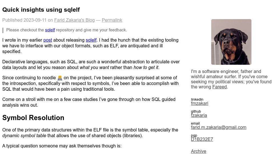Screenshot of fzakaria.com: Analyzing ELF symbols using SQL