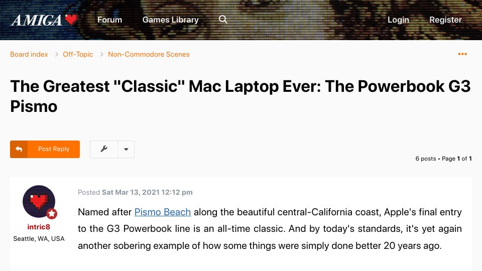 Screenshot of amigalove.com: Greatest “Classic” Mac Laptop: Powerbook G3 Pismo (2021)