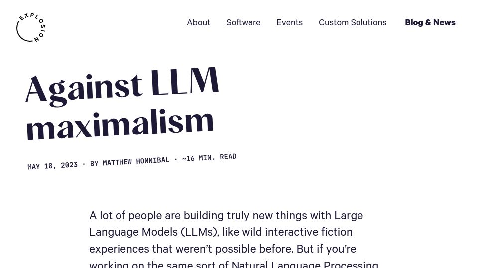 Screenshot of explosion.ai: Against LLM Maximalism