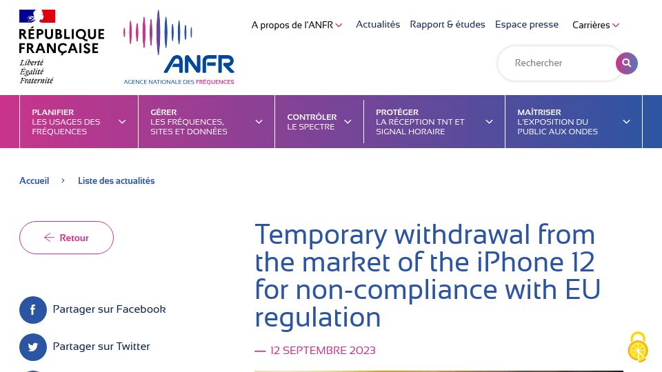Screenshot of anfr.fr: iPhone 12 withdrawn from French market for non-compliance with EU regulation