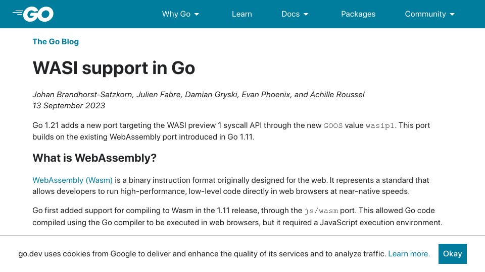 Screenshot of go.dev: WASI Support in Go