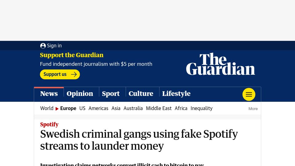 Screenshot of theguardian.com: Swedish criminal gangs using fake Spotify streams to launder money