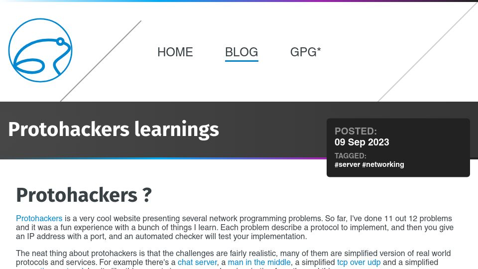 Screenshot of geekingfrog.com: Protohackers Learnings