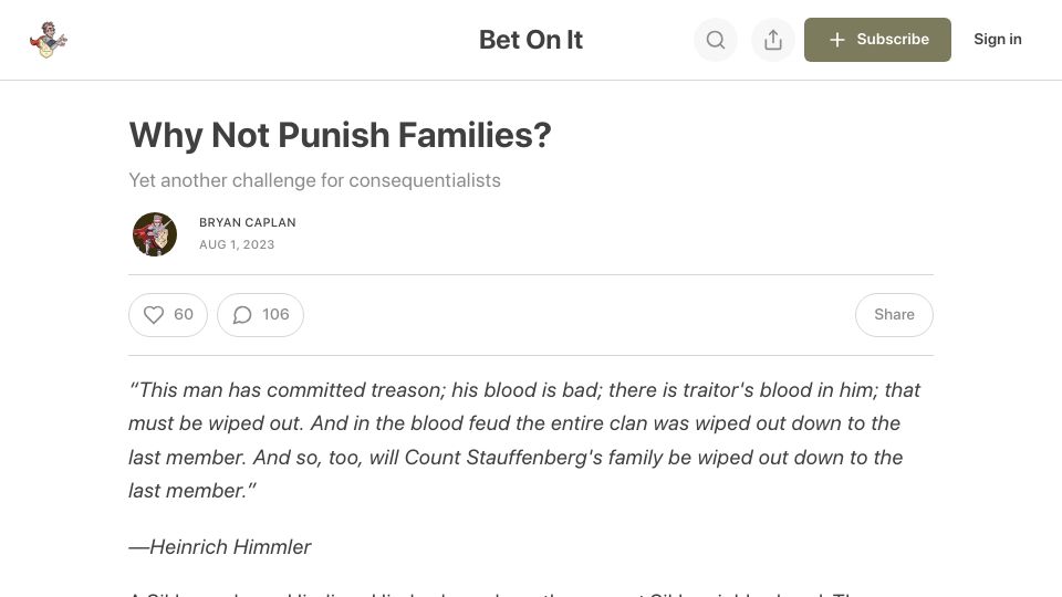 Screenshot of betonit.substack.com: Why not punish families? A challenge for consequentialists