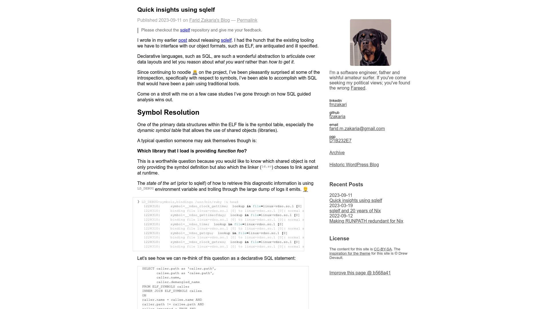 Screenshot of fzakaria.com: Analyzing ELF symbols using SQL