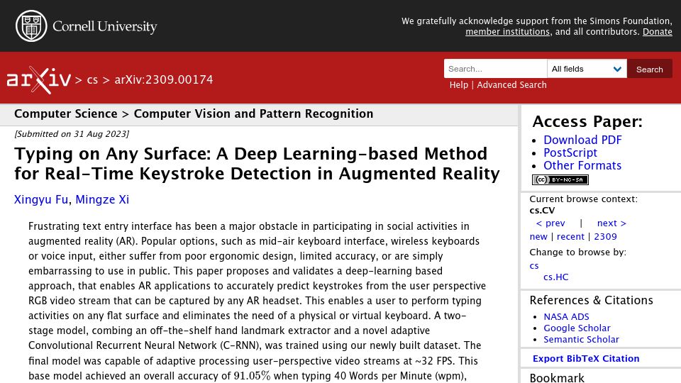 Screenshot of arxiv.org: Typing on Any Surface: A Deep Learning Method for Keystroke Detection in AR