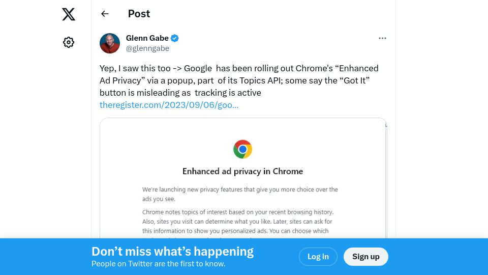 Screenshot of twitter.com: Google has been rolling out Chrome's “Enhanced Ad Privacy” via a popup